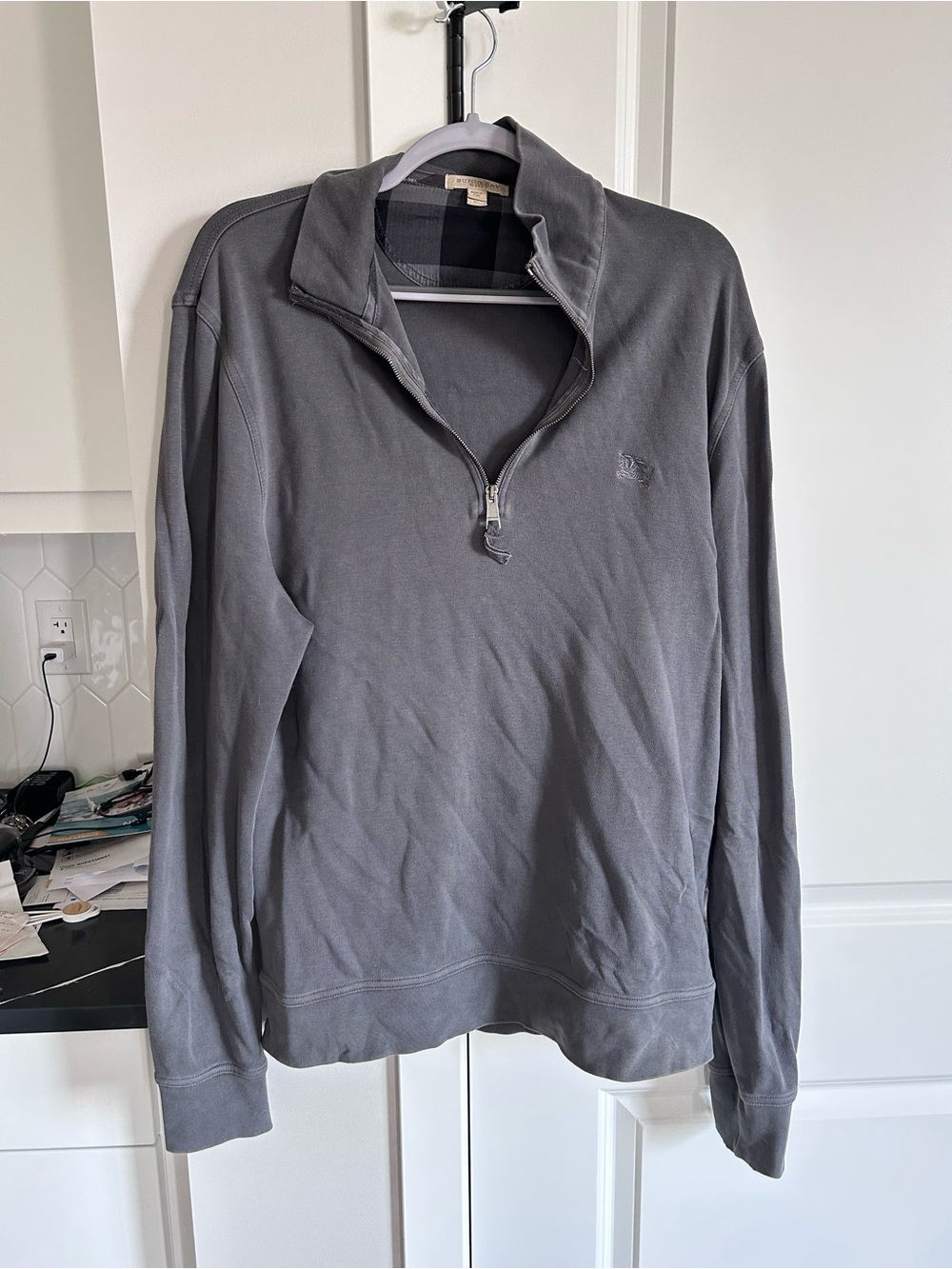 Burberry Brit Charcoal 100% Cotton Half Zip Sweater Pullover Preppy Luxury Chic